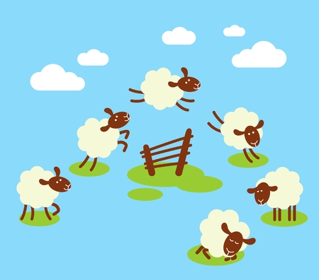 Battling insomnia concept with white sheeps jumping over fenceのイラスト素材
