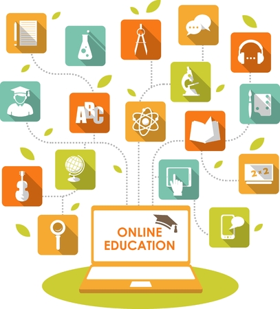 Online e-learning and science concept with computer and education icons in flat styleのイラスト素材