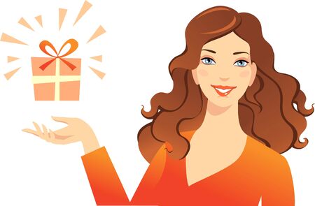 Young smiling beautiful woman with gift in handsのイラスト素材