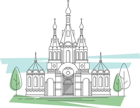 Orthodox church building with gate in flat styleのイラスト素材