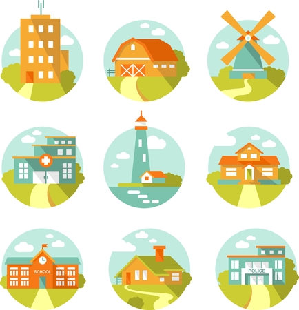 Real estate and government buildings icons in flat styleのイラスト素材