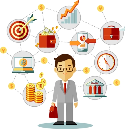 Buisnessman with finance and business icons in flat styleのイラスト素材