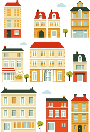 City buildings and houses in flat styleのイラスト素材