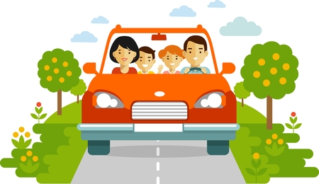 Family in a red car traveling together. Illustration in flat styleのイラスト素材