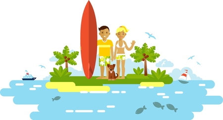 Smiling surfer girl and boy couple with surfboard and dog on ocean beach background in flat styleのイラスト素材