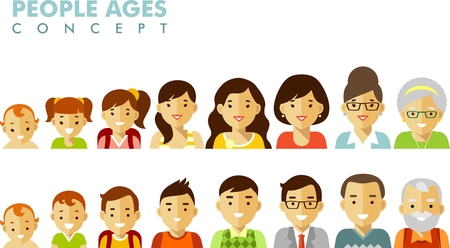 Man and woman aging icons - baby, child, teenager, young, adult, oldのイラスト素材