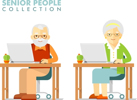 Senior man and woman sitting and networking with laptopsのイラスト素材