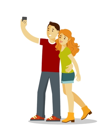 Young man and woman couple standing and make a self portrait with mobile phone cameraのイラスト素材