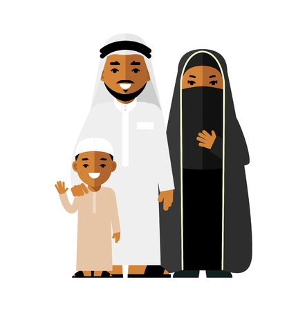 Father, mother and son standing together in traditional arab clothesのイラスト素材
