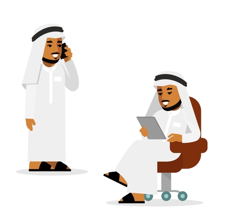 Young saudi arabic man sitting with tablet computer, standing and using mobile phoneのイラスト素材