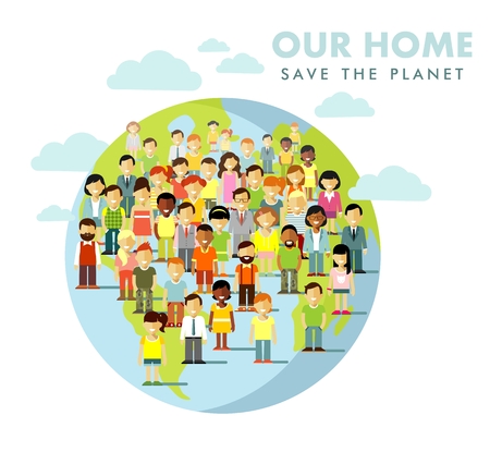 Different multi cultural multi ethnicity people crowd on planet Earth backgroundのイラスト素材