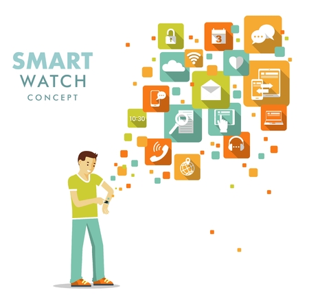 Young man with modern smart watch and apps iconsのイラスト素材