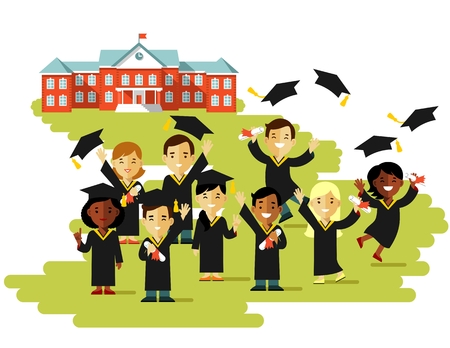 Happy young graduate students people with graduate cap and certificate on college building backgroundのイラスト素材