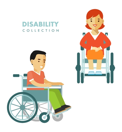 People set with young disabled man and woman in wheelchair isolated on white backgroundのイラスト素材