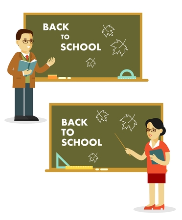 Young teacher man and woman standing in classroom in class lesson, isolated on white backgroundのイラスト素材