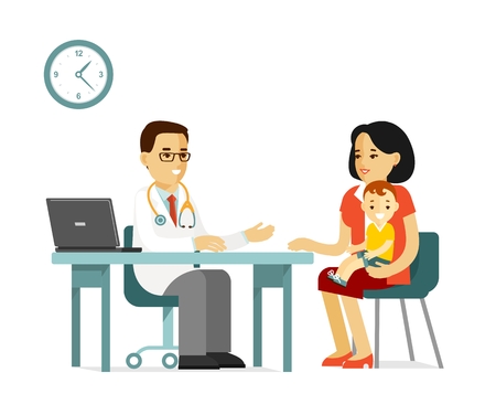 Medicine concept with doctor and patient in flat style isolated on white background. Practitioner doctor man and young woman with child in hospital. Consultation and medical diagnosis.のイラスト素材