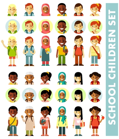 Different school children avatars set in flat style. Multicultural school kids icons group isolated on white backgroundのイラスト素材