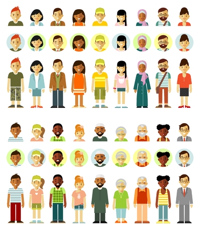 People characters standing together set. Different ethnic smiling multicultural persons icons. Full length and avatars. Vector illustration in flat style isolated on white backgroundのイラスト素材
