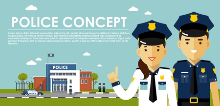 Police concept with cops in flat style. Young policeman and policewoman, city police department building, police car.のイラスト素材