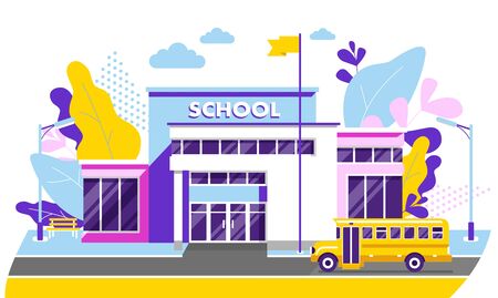 Trendy school, college building on city street background, with bus and front yard.のイラスト素材