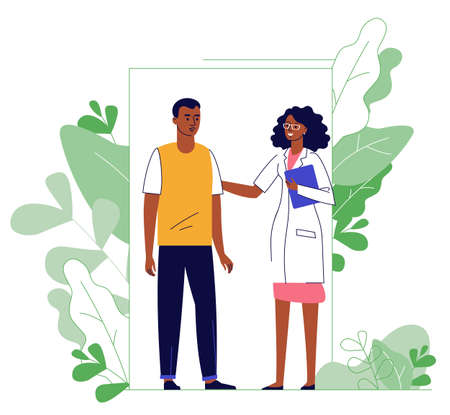 Medicine concept with black doctor and patient on plant background.のイラスト素材