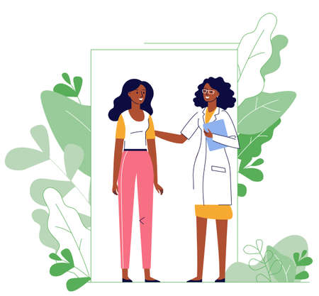 Medicine concept with black doctor and patient on plant background.のイラスト素材