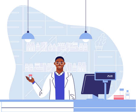 Pharmacy concept with pharmacist black man in drug store.のイラスト素材