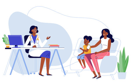 Medicine concept with black doctor and family patients.のイラスト素材