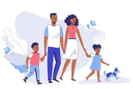 Happy young african american family dad, mom, son, daughter and dog on walk.のイラスト素材