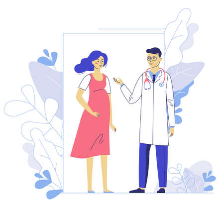 Practitioner and pregnant woman standing together. Consultation, medical examination and diagnosis.のイラスト素材