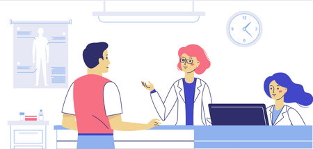 Medicine emergency concept with doctor and patient in flat style on hospital hall backgroundのイラスト素材