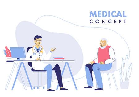 Practitioner doctor man and senior patient in hospital medical office. Consultation and diagnosis.のイラスト素材