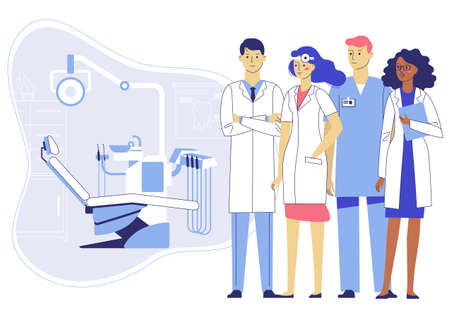 Group of young doctors man and woman standing together on dental chair background. Checkup and teeth medical examination.のイラスト素材