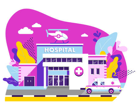 Panoramic background with clinic building, ambulance car and helicopter in flat styleのイラスト素材