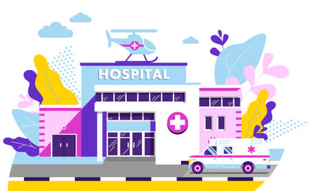 Panoramic background with clinic building, ambulance car and helicopter in flat styleのイラスト素材