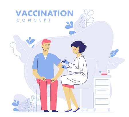 Doctor makes an injection of flu vaccine to a man in hospital. Healthcare, medical treatment, prevention and immunization.のイラスト素材