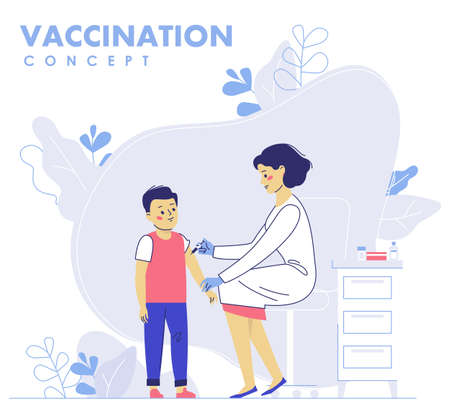 Doctor pediatrician makes an injection of flu vaccine to a kid in hospital. Healthcare, medical treatment, prevention and immunization.のイラスト素材