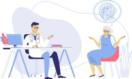 Practitioner doctor man and senior woman patient in hospital medical office. Consultation and diagnosis of mental health.のイラスト素材