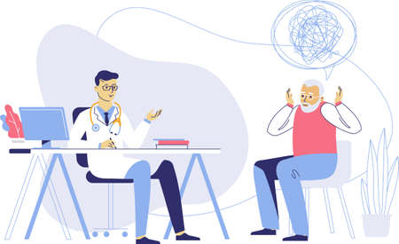 Practitioner doctor and senior man patient in hospital medical office. Consultation and diagnosis of mental health.のイラスト素材