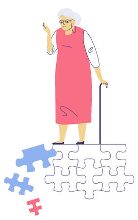 Senior woman with puzzle pieces falling apart. Alzheimer disease. Symbol of mental problem, memory loss.のイラスト素材