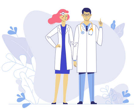Practitioner doctors young man and woman standing together on plant background. Consultation and diagnosis.のイラスト素材