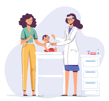 Practitioner doctor woman and young mother with baby in hospital medical office. Consultation and diagnosis.のイラスト素材