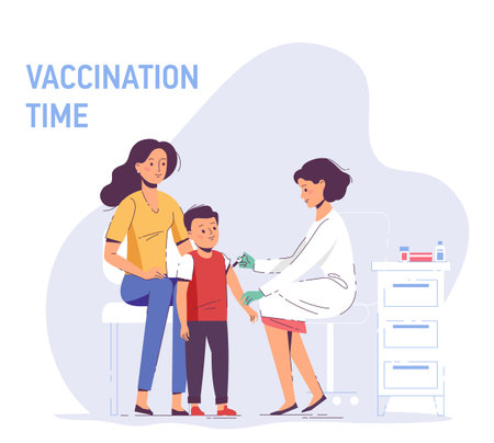 Doctor pediatrician makes an injection of flu vaccine to a child in hospital. Healthcare, medical treatment, prevention and immunization.のイラスト素材