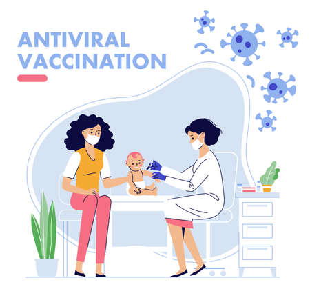 Doctor pediatrician makes an injection of flu vaccine to baby in hospital. Healthcare, coronavirus, and prevention immunize.のイラスト素材