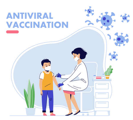 Doctor pediatrician makes an injection of flu vaccine to a kid in hospital. Healthcare, coronavirus, and prevention immunize.のイラスト素材