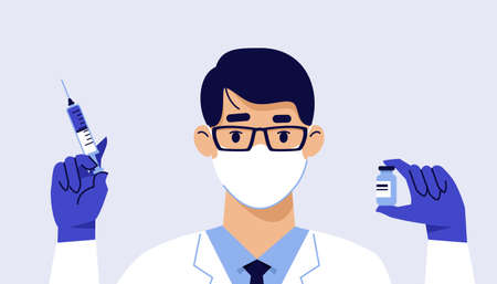 Young doctor man with syringe and vaccine isolated on blue background. Healthcare, coronavirus, and prevention immunize.のイラスト素材