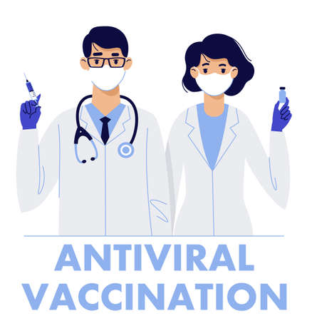 Young doctors man and woman with syringe and vaccine isolated on white background. Healthcare, coronavirus, and prevention immunize.のイラスト素材