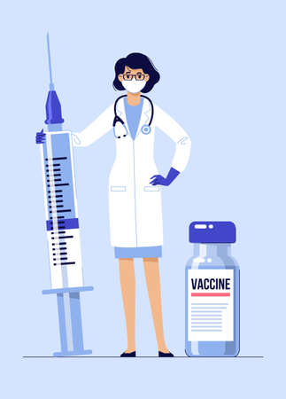 Young doctor woman in mask with syringe and vaccine isolated on blue background. Healthcare, coronavirus, and prevention immunize.のイラスト素材