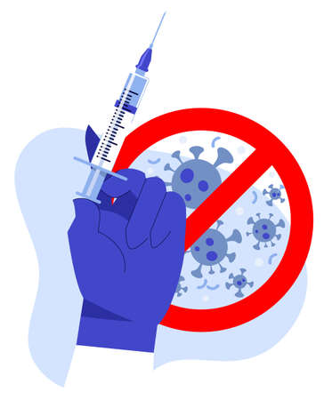 Doctor gloved hand with syringe on anti coronavirus background. Health care, pneumonia and immunization.のイラスト素材