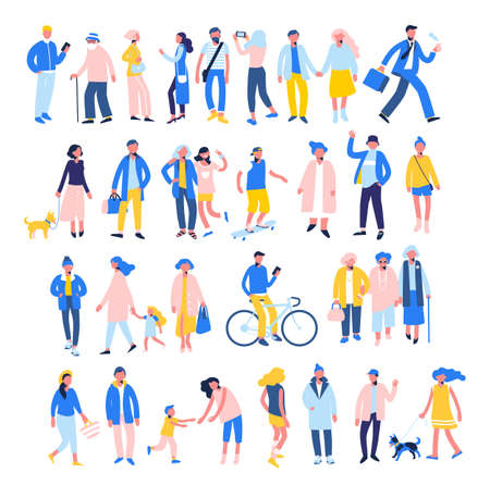 Group of male and female characters in flat style isolated on white background. outdoor activities.のイラスト素材